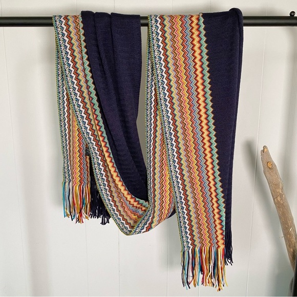 Missoni Wool Blend Knit Zigzag Designer Scarf Fringe Multicolour Blue Italy - Picture 1 of 11